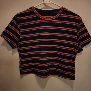 Navy Striped Crop Top with Red and Yellow Accents